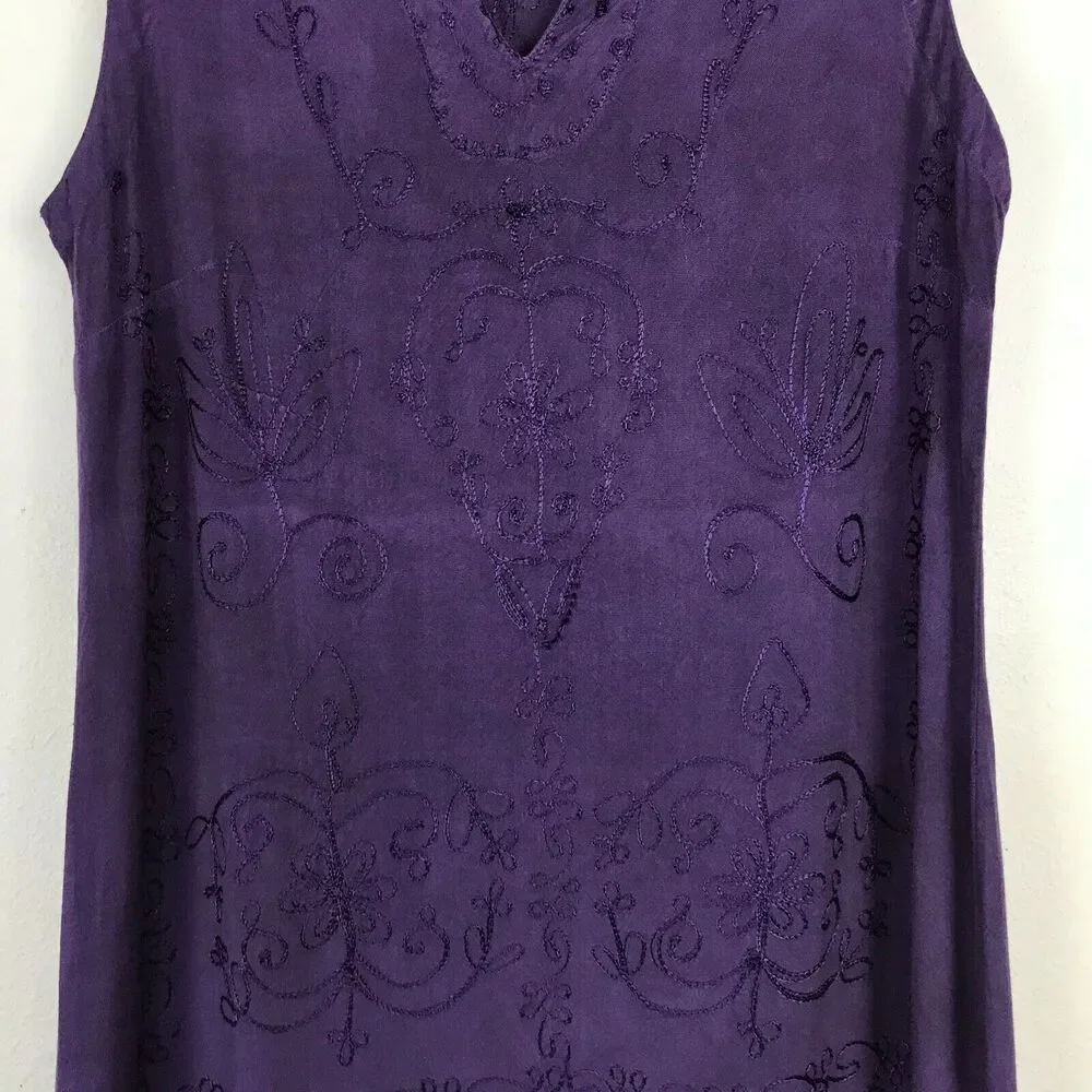Vintage‎ 1990s Purple Rayon Dress Size M Sleeveless Side Vent Embroidered Midi